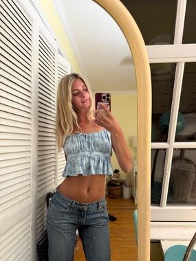 O'Neill Light Blue Smocked Ruffle Crop Tank
